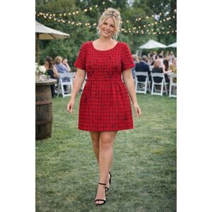 Fanm Mon Samantha Red Plaid Tweed Dress Floral Embroidery A-Line Mini L NWT